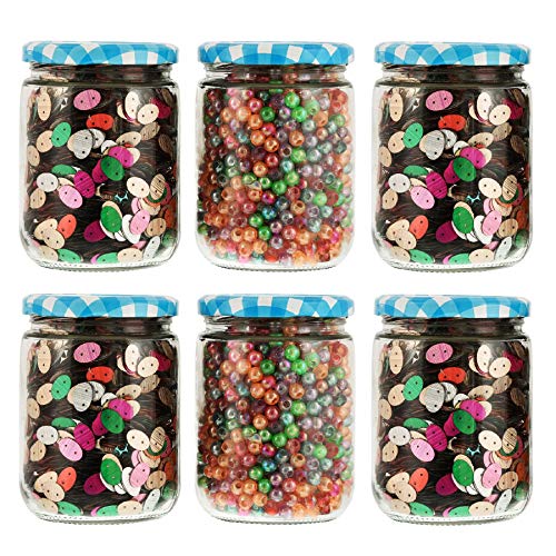 Machak Glass Jars For Kitchen Storage 500ml, Airtight, Blue Check Lids (6 Pieces) - Image 1