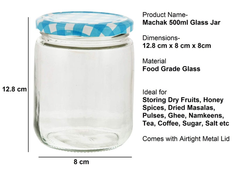 Machak Glass Jars For Kitchen Storage 500ml, Airtight, Blue Check Lids (6 Pieces) - Image 2