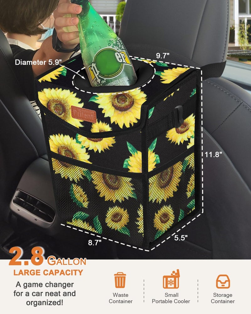 Pritent Car Trash Can with Lid, Cute Leakproof Car Trash Garbage Bag Hanging Vehicle Trash Bin Small Portable Automotive Garbage Cans Organizer for Back/Front Seat/Console(2.8 Gallons,Sunflower) - Image 2