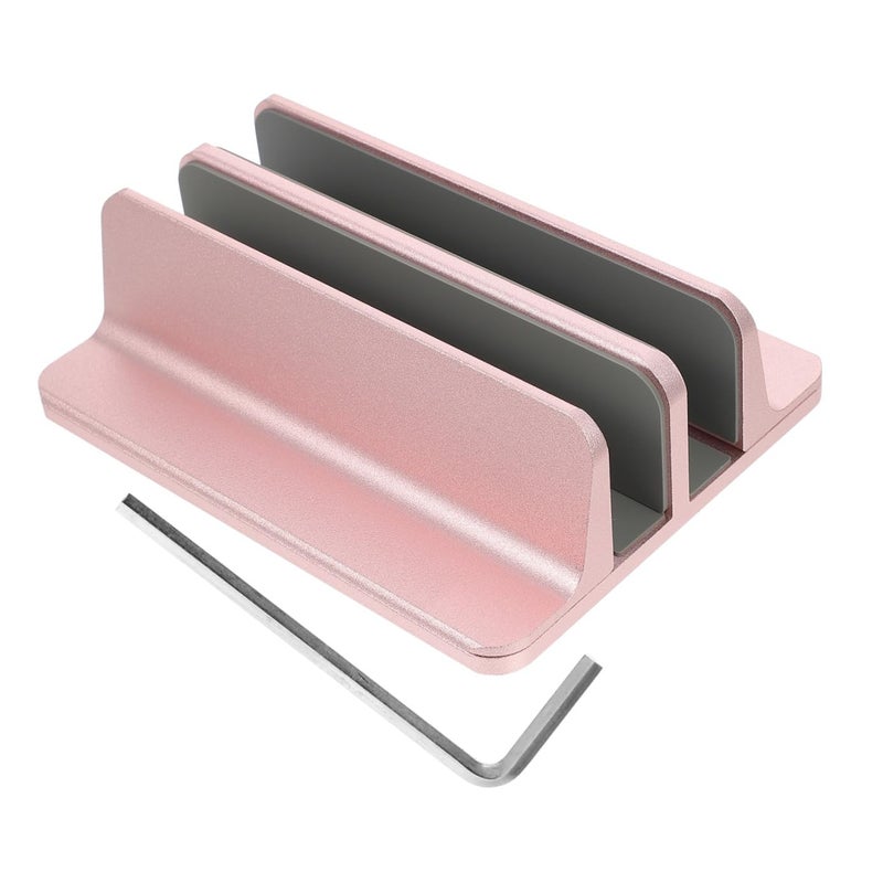 Rose Gold Aluminum Alloy Vertical Laptop Stand Dual Storage Space Saving Desk Rack - Image 2