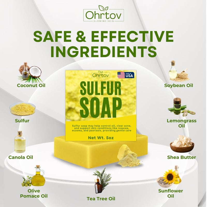 Ohrtov صابون الكبريت بار غسول وجه وجسم الكبريت لعلاج حب الشباب مقشر وجه الكبريت يمتص الزيت الزائد يقلل من ظهور البثور ينظف البشرة صابون طبيعي لحب الشباب للعناية بالبشرة 5 أونصات مصنوع في الولايات المتحدة الأمريكية - Image 5
