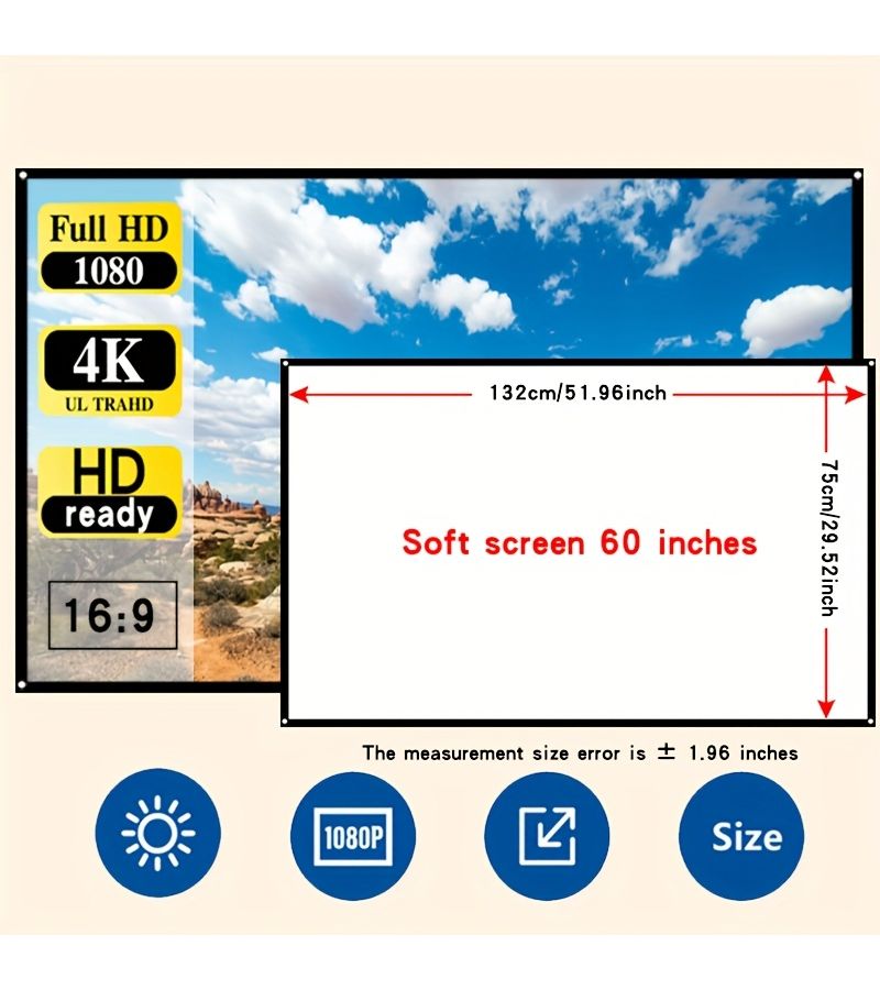 White Soft Screen 60 Inch Foldable HD Home Theater Portable Display Outdoor Movie Spandex Screen 1080P - Image 2