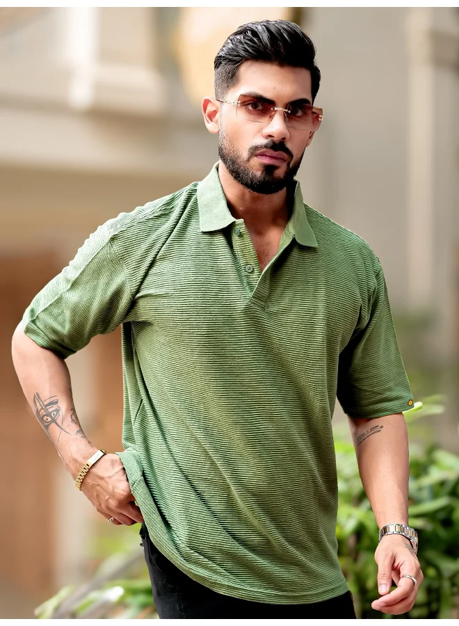 Maniac Maniac Mens Polo Neck 3/4th Sleeve Hunter Green Corduroy Fabric Tshirt