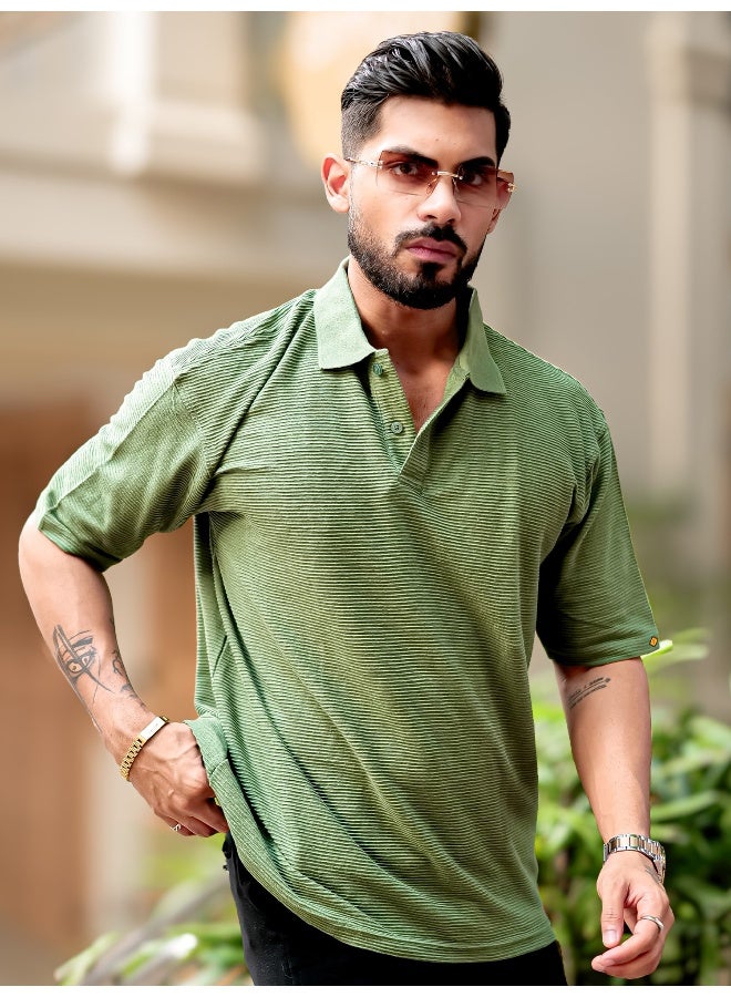 Maniac Mens Polo Neck 3/4th Sleeve Hunter Green Corduroy Fabric Tshirt - Image 2