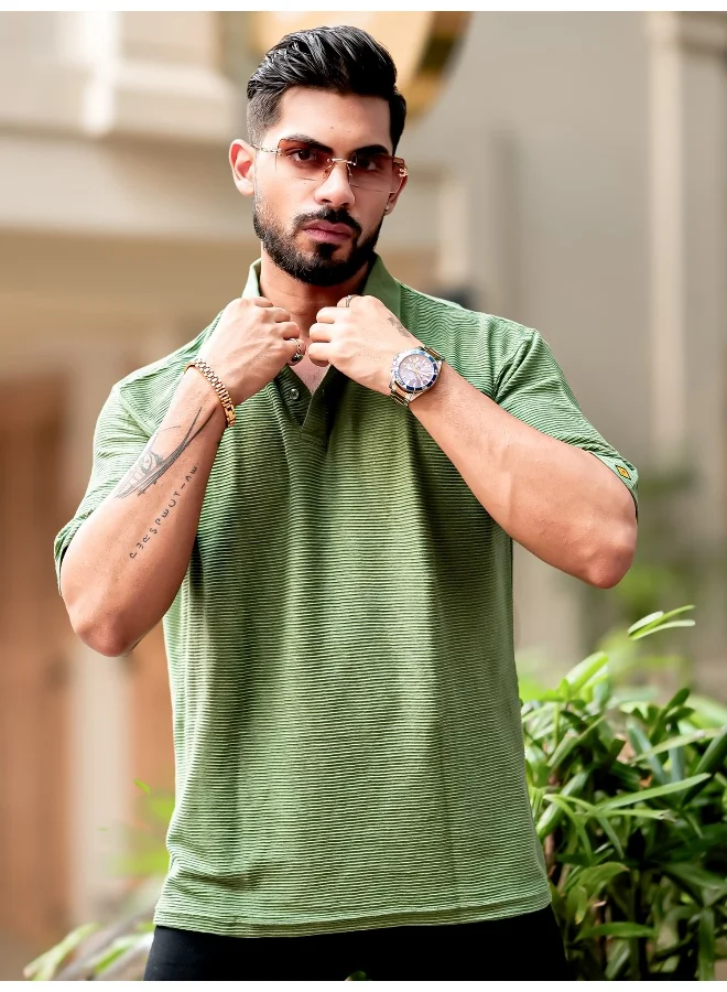 Maniac Maniac Mens Polo Neck 3/4th Sleeve Hunter Green Corduroy Fabric Tshirt