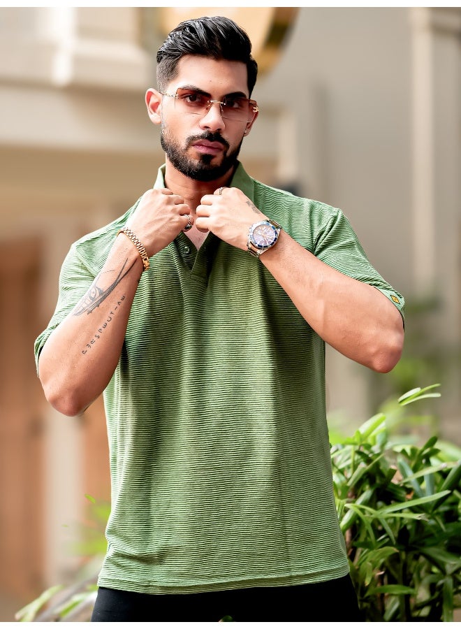 Maniac Mens Polo Neck 3/4th Sleeve Hunter Green Corduroy Fabric Tshirt - Image 1