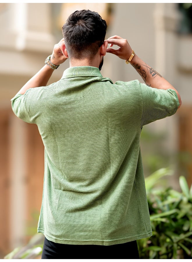 Maniac Mens Polo Neck 3/4th Sleeve Hunter Green Corduroy Fabric Tshirt - Image 4