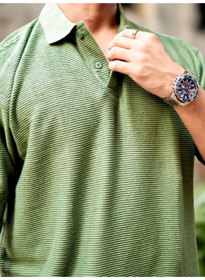 Maniac Mens Polo Neck 3/4th Sleeve Hunter Green Corduroy Fabric Tshirt - Image 5