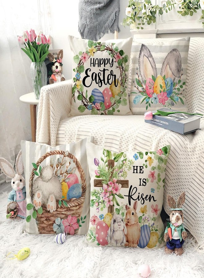 4TH Emotion Gray Easter Pillow Covers 18x18 Set of 4, He is Risen Bunny Floral Eggs Farmhouse Decorations Spring Holiday Decor Throw Cushion Case for Home Couch TH211 - Image 2