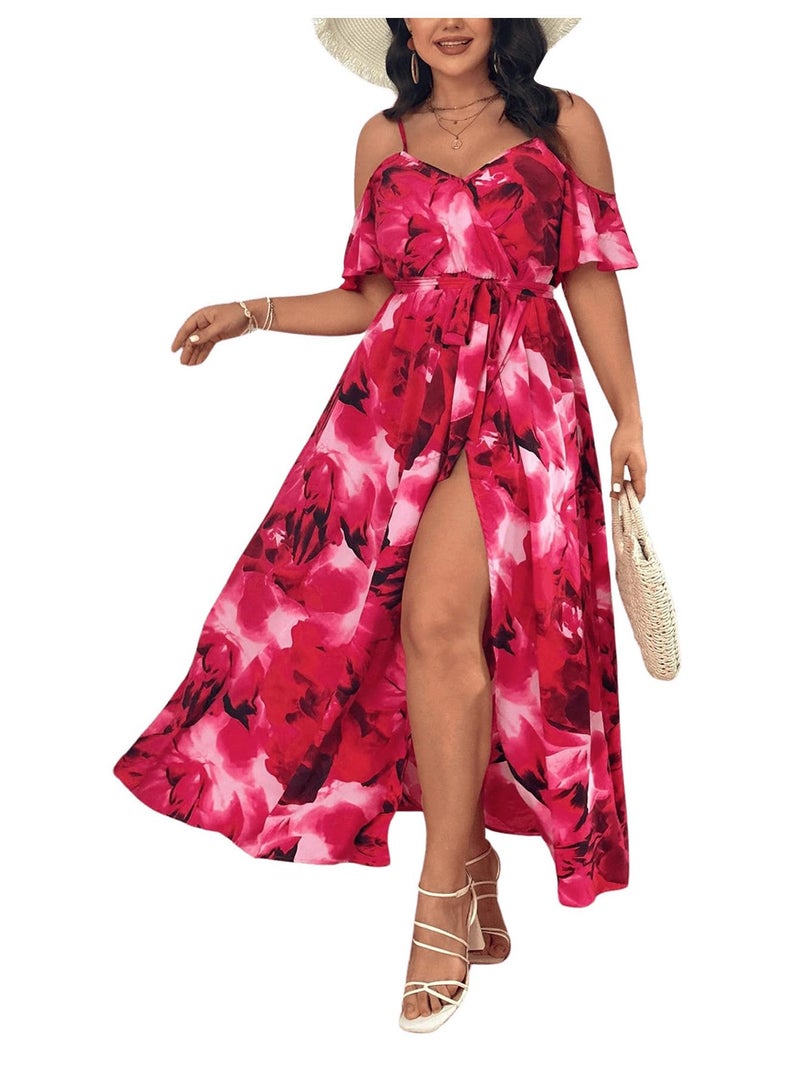 Floerns Women's Plus Size Cold Shoulder Short Sleeve Split Thigh Long Dress Hot Red 3XL - Image 1