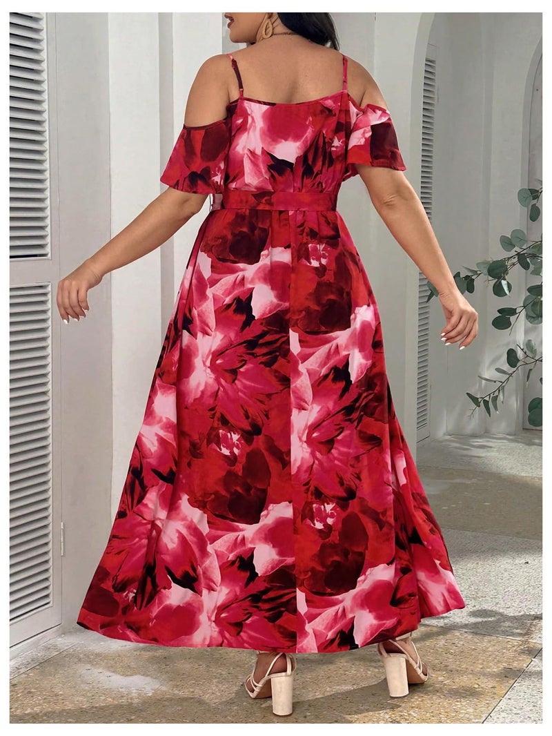 Floerns Women's Plus Size Cold Shoulder Short Sleeve Split Thigh Long Dress Hot Red 3XL - Image 2