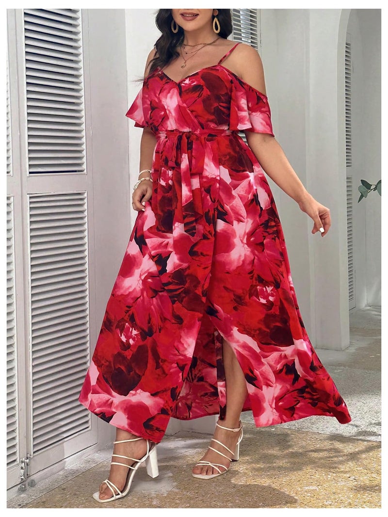 Floerns Women's Plus Size Cold Shoulder Short Sleeve Split Thigh Long Dress Hot Red 3XL - Image 4