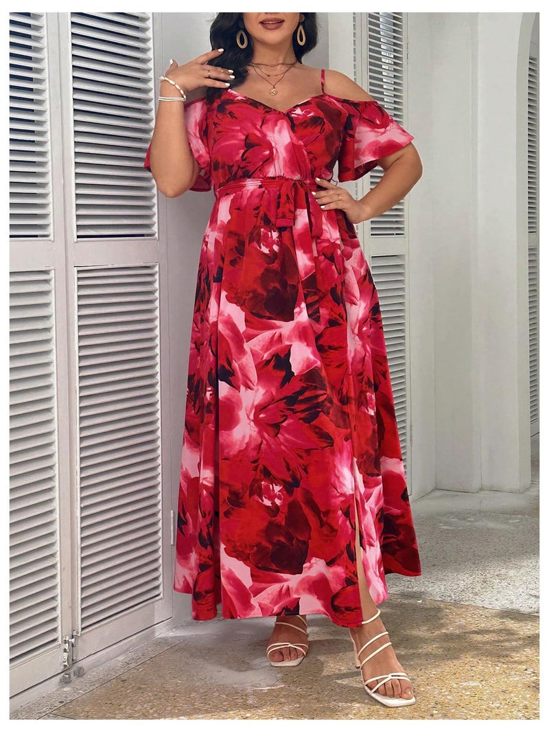 Floerns Women's Plus Size Cold Shoulder Short Sleeve Split Thigh Long Dress Hot Red 3XL - Image 5