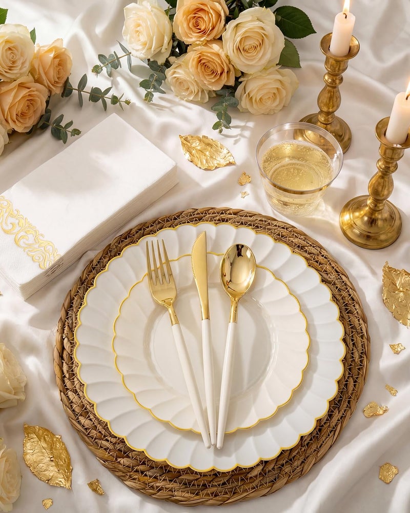 Ciaell 175 PCS Ivory Scalloped Plastic Plates - Gold Disposable Plates Fancy High-end Dinnerware Sets for Wedding & Party (25 Guests) - Image 2