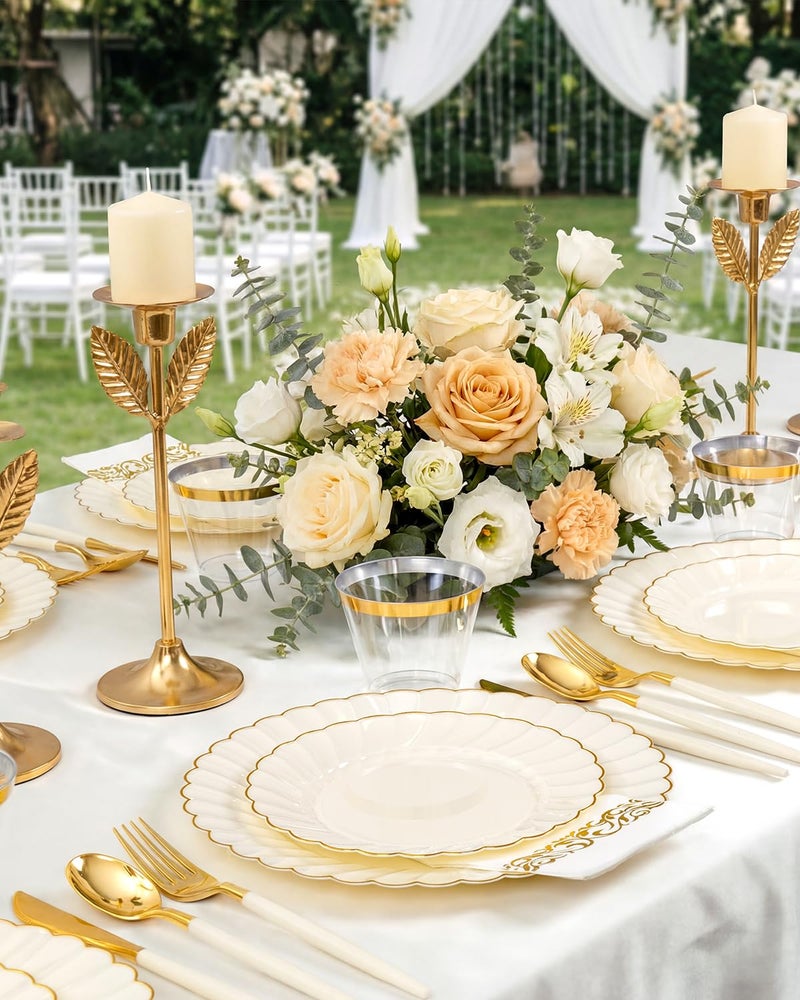 Ciaell 175 PCS Ivory Scalloped Plastic Plates - Gold Disposable Plates Fancy High-end Dinnerware Sets for Wedding & Party (25 Guests) - Image 5