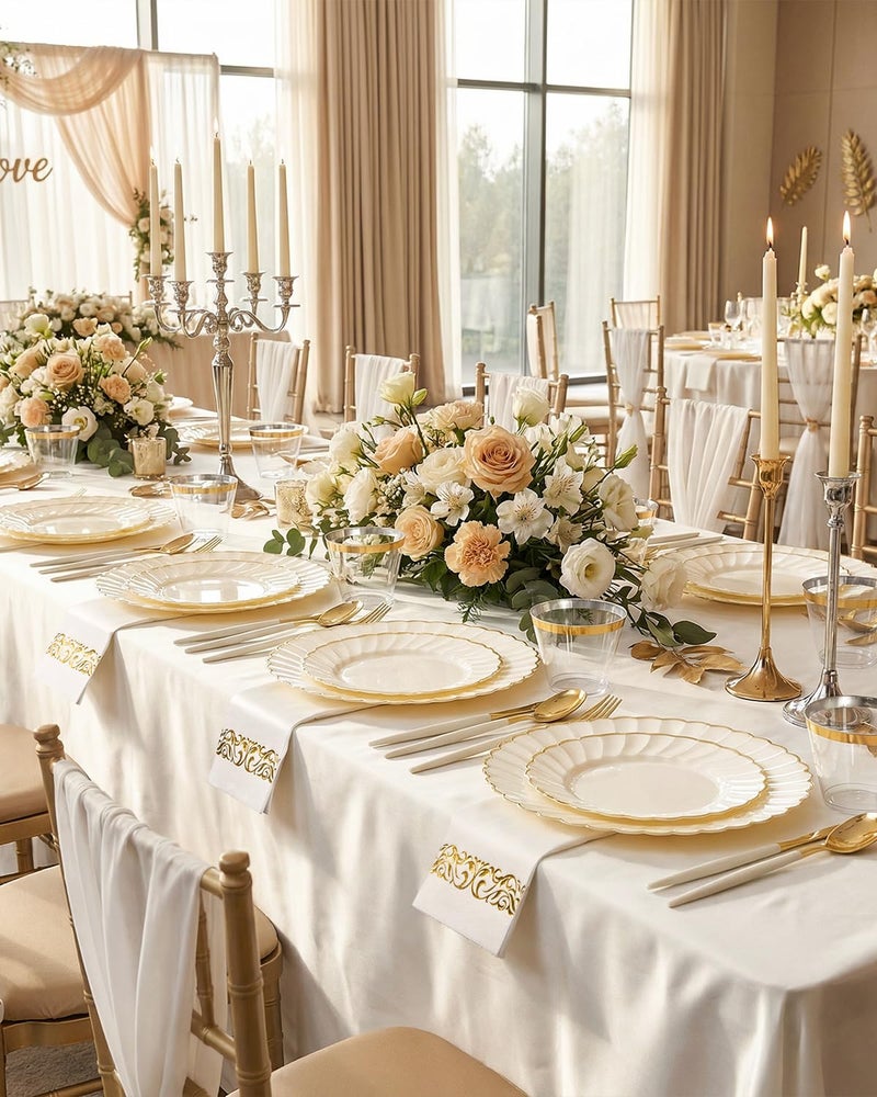 Ciaell 175 PCS Ivory Scalloped Plastic Plates - Gold Disposable Plates Fancy High-end Dinnerware Sets for Wedding & Party (25 Guests) - Image 4