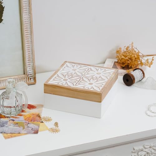 Synovana Small Decorative Box with Lid Wooden Keepsake Storage Box Carved Flower Handmade Jewelry Box Rustic Trinket Box Table Organizer - 7.1 x 7.1 x 3.2 Inches - Image 3
