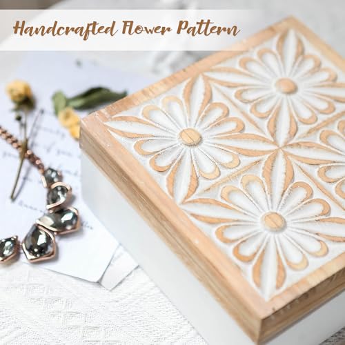 Synovana Small Decorative Box with Lid Wooden Keepsake Storage Box Carved Flower Handmade Jewelry Box Rustic Trinket Box Table Organizer - 7.1 x 7.1 x 3.2 Inches - Image 5