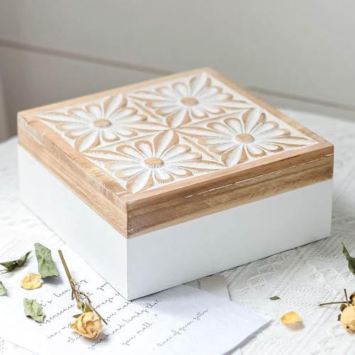 Synovana Small Decorative Box with Lid Wooden Keepsake Storage Box Carved Flower Handmade Jewelry Box Rustic Trinket Box Table Organizer - 7.1 x 7.1 x 3.2 Inches - Image 1