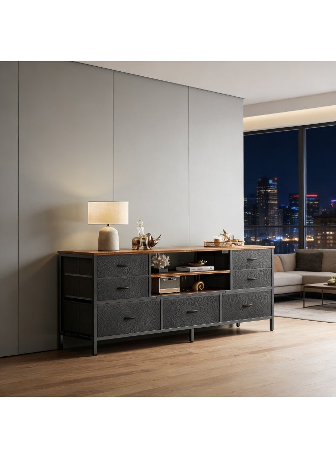 أنفانكي Anvanke 7-Drawer TV Stand Dresser. يناسب تلفزيون 60/65 بوصة. مركز ترفيهي بني وأسود ريفي مع رفوف مفتوحة. PU جلد نسيج Dresser وحدة التحكم الإعلامية - Image 1
