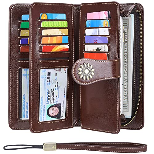 Lavemi Womens Large Capacity Genuine Leather RFID Blocking Wallets Wristlet Clutch Card Holder(1- Coffee) - Image 1