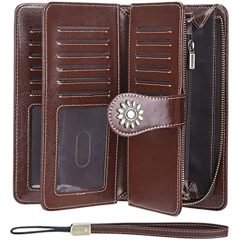 Lavemi Womens Large Capacity Genuine Leather RFID Blocking Wallets Wristlet Clutch Card Holder(1- Coffee) - Image 3
