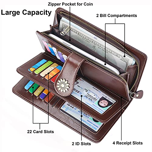 Lavemi Womens Large Capacity Genuine Leather RFID Blocking Wallets Wristlet Clutch Card Holder(1- Coffee) - Image 5