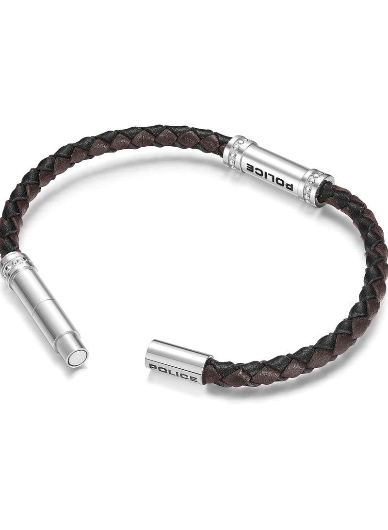 POLICE Barrell Black Brown Leather and Silver Stainless Steel Bracelet for Men 190mm - Image 3