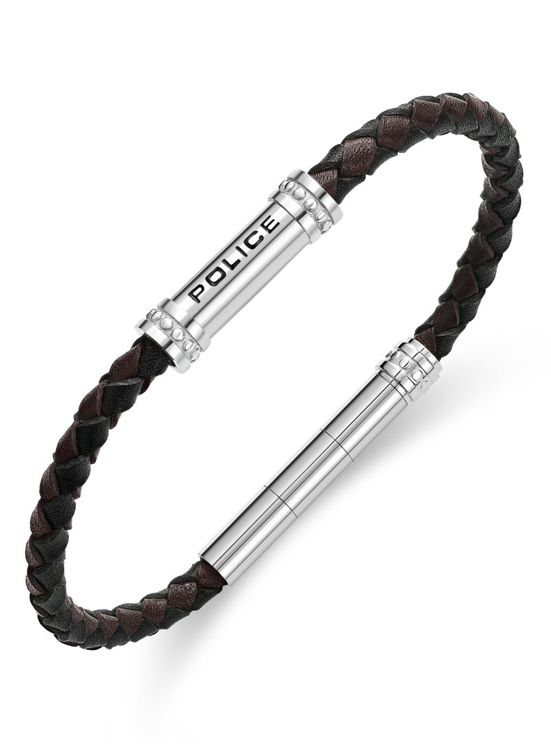 POLICE Barrell Black Brown Leather and Silver Stainless Steel Bracelet for Men 190mm - Image 1