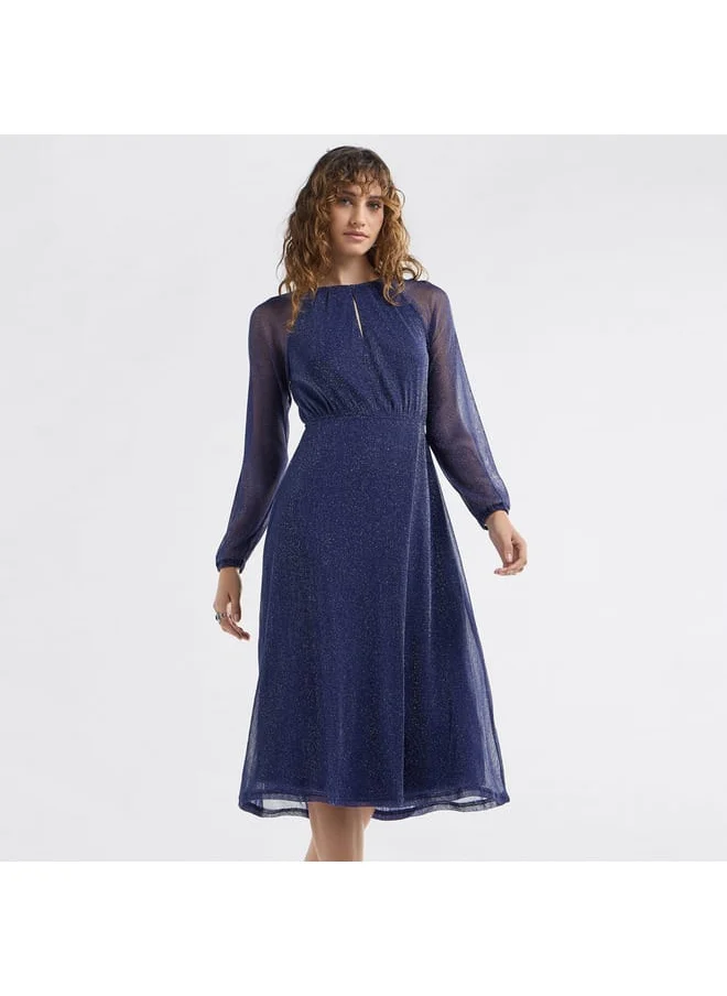 FAV Textured A-line Dress with Keyhole Neck and Long Sleeves