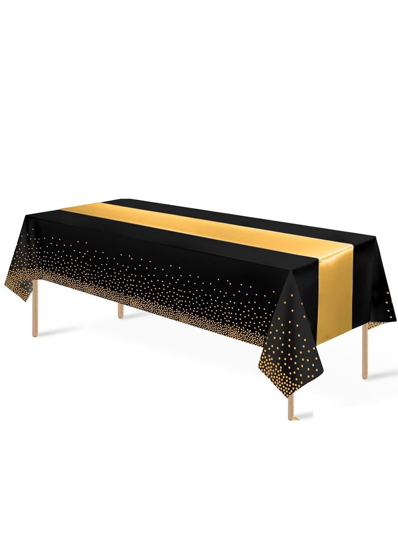 Generic Disposable plastic tablecloth and table runner set black tablecloth and gold polka dots, gold table runner suitable for wedding birthday anniversary new year party decoration 