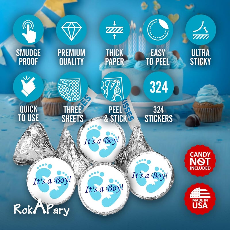Creativity Labels 324 Its a Boy Blue Footprints Kisses Labels for Baby Shower Or Baby Sprinkle Party Or Event Decorations, Stickers, Wrappers, Favors. Made in USA - Image 3