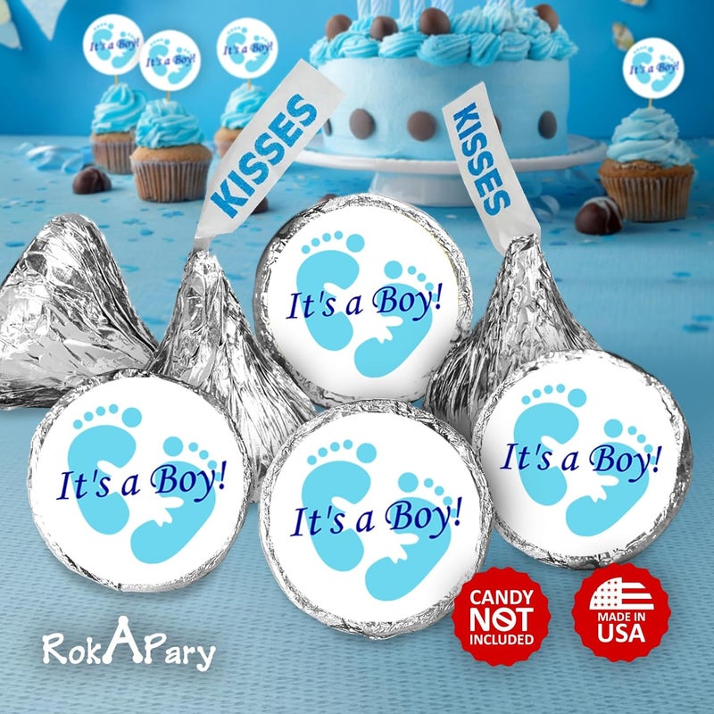 Creativity Labels 324 Its a Boy Blue Footprints Kisses Labels for Baby Shower Or Baby Sprinkle Party Or Event Decorations, Stickers, Wrappers, Favors. Made in USA - Image 2