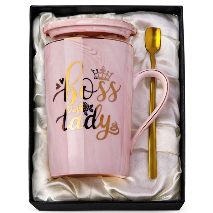 BOSS LADY GIFTS BEST BOSS BIRTHDAY GIFTS MUG FOR WOMEN 14OZ PINK MARBLE CERAMIC COFFEE CUP WITH SPOON LID CARD GIFT FOR FRIEND SISTER WOMEN WITH NICE BOX