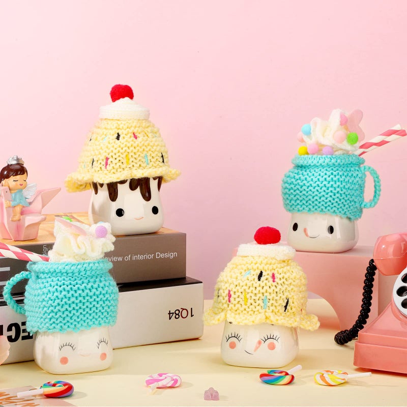 Aoriher 4 Pcs Marshmallow Mug Hats Valentines Day Mug Topper Knitted Kit Sweet Cute Marshmallow Cup Topper Hats for Summer Farmhouse Kitchen Decoration Lemon Style Dessert Style