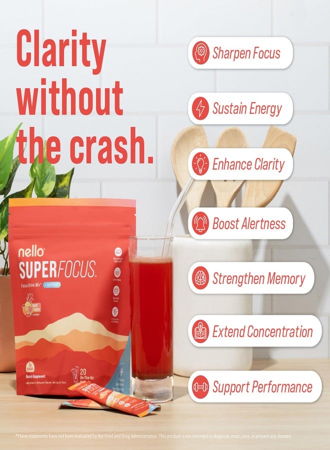 Nello Superfocus – Nootropic Focus Drink Mix for Productivity, Caffeine, L-Theanine, Rhodiola Rosea, Alpha-GPC, Lion’s Mane, Tyrosine, Sugar-Free Packets - With Caffeine (Pack of 20) (20 Servings (Caffeine), Fruit Punch) - Image 2