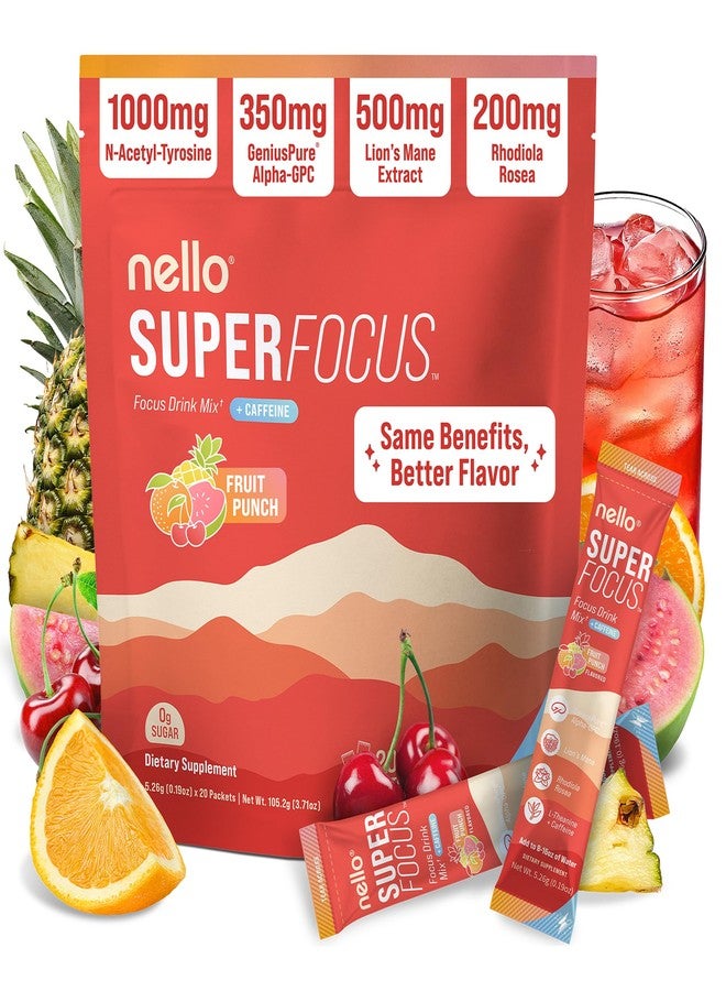 Nello Superfocus – Nootropic Focus Drink Mix for Productivity, Caffeine, L-Theanine, Rhodiola Rosea, Alpha-GPC, Lion’s Mane, Tyrosine, Sugar-Free Packets - With Caffeine (Pack of 20) (20 Servings (Caffeine), Fruit Punch) - Image 1