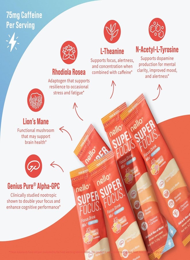 Nello Superfocus – Nootropic Focus Drink Mix for Productivity, Caffeine, L-Theanine, Rhodiola Rosea, Alpha-GPC, Lion’s Mane, Tyrosine, Sugar-Free Packets - With Caffeine (Pack of 20) (20 Servings (Caffeine), Fruit Punch) - Image 4