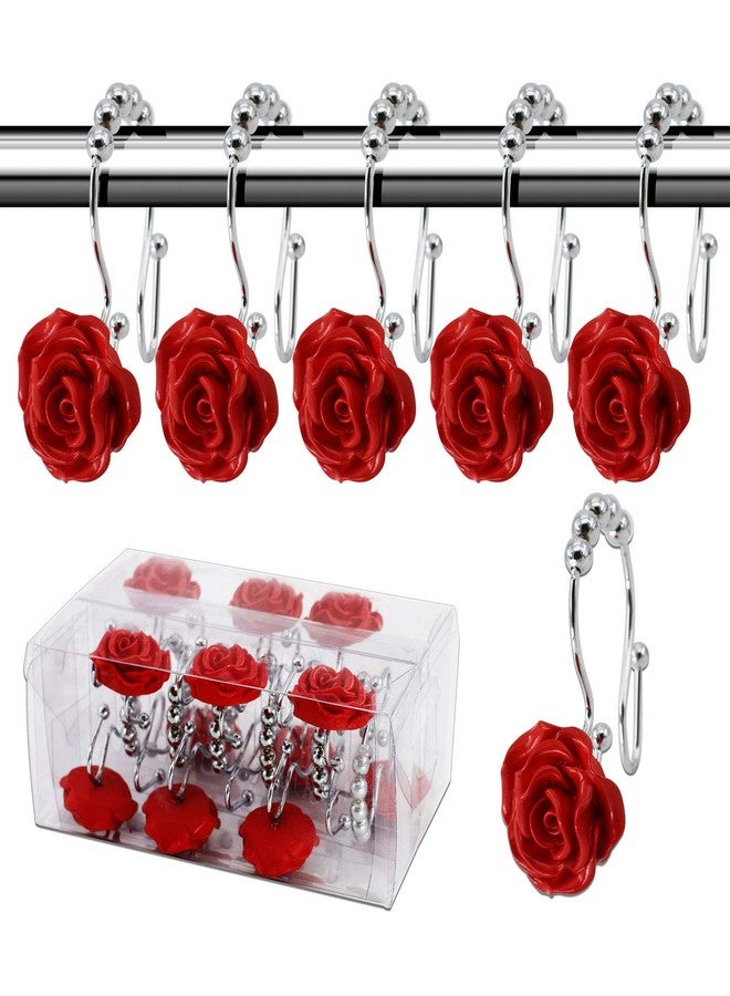 BEAVO Rose Shower Curtain Hooks,12 Pcs Double Glide Shower Curtain Rings Stainless Steel Rustproof Decorative Shower Hook Ring with Resin Rose Flower for Bathroom Shower Rods (Red) - Image 1