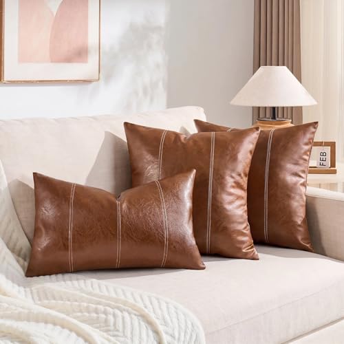 Fancy Homi 2 Packs Boho Brown Waterproof Faux Leather Decorative Throw Pillow Covers 18x18 Inch for Outdoor Couch Bed Sofa, Hand Stitched Accent Square Cushion Case, Rustic Modern Farmhouse Home Decor - Image 5