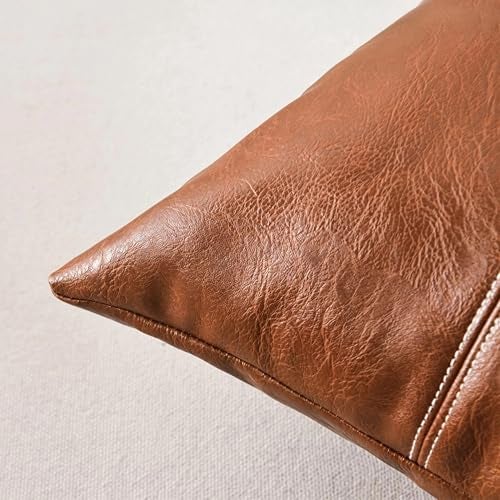 Fancy Homi 2 Packs Boho Brown Waterproof Faux Leather Decorative Throw Pillow Covers 18x18 Inch for Outdoor Couch Bed Sofa, Hand Stitched Accent Square Cushion Case, Rustic Modern Farmhouse Home Decor - Image 4