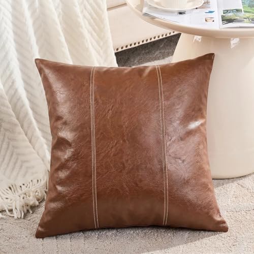 Fancy Homi 2 Packs Boho Brown Waterproof Faux Leather Decorative Throw Pillow Covers 18x18 Inch for Outdoor Couch Bed Sofa, Hand Stitched Accent Square Cushion Case, Rustic Modern Farmhouse Home Decor - Image 2