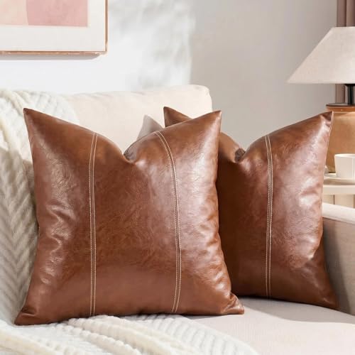 Fancy Homi 2 Packs Boho Brown Waterproof Faux Leather Decorative Throw Pillow Covers 18x18 Inch for Outdoor Couch Bed Sofa, Hand Stitched Accent Square Cushion Case, Rustic Modern Farmhouse Home Decor - Image 1