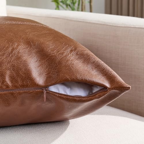 Fancy Homi 2 Packs Boho Brown Waterproof Faux Leather Decorative Throw Pillow Covers 18x18 Inch for Outdoor Couch Bed Sofa, Hand Stitched Accent Square Cushion Case, Rustic Modern Farmhouse Home Decor - Image 3