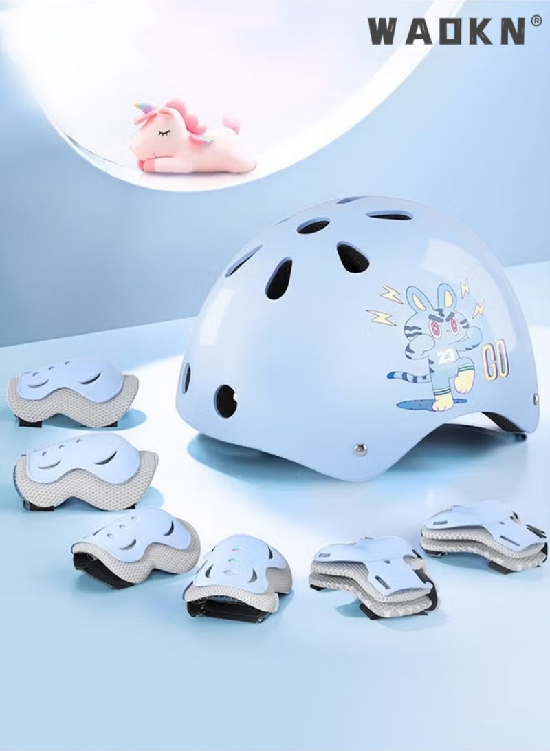WAOKN 7 PCS Kids Bike Helmet Protective Gear Set with Elbow Pads, Knee Pads and Wrist Guards, Solid Protective Helmet with Adorable Patterns and Adjustable Design, Suitable for Multi-Sports Like Skateboarding, Bike, Scooter and Roller Skating  - Image 2