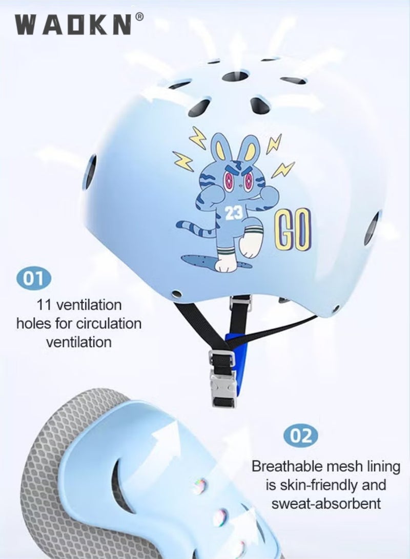 WAOKN 7 PCS Kids Bike Helmet Protective Gear Set with Elbow Pads, Knee Pads and Wrist Guards, Solid Protective Helmet with Adorable Patterns and Adjustable Design, Suitable for Multi-Sports Like Skateboarding, Bike, Scooter and Roller Skating  - Image 4
