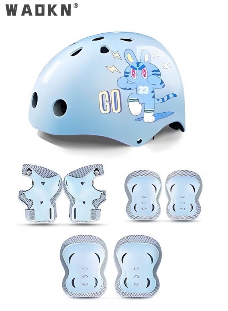 WAOKN 7 PCS Kids Bike Helmet Protective Gear Set with Elbow Pads, Knee Pads and Wrist Guards, Solid Protective Helmet with Adorable Patterns and Adjustable Design, Suitable for Multi-Sports Like Skateboarding, Bike, Scooter and Roller Skating  - Image 1
