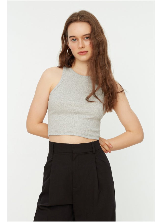 trendyol Gray Fitted/Situated Crop Halterneck Ribbed Ribbed Flexible Knit Single Singlet TWOSS21AL0050.  - Image 1