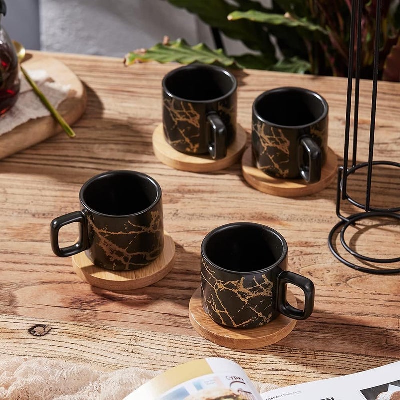 LUKA Porcelain Espresso Cup with Saucer and Metal Stand, 4 Ounce Stackable Ceramic Demitasse Espresso Mugs Cups Set for Latte,Coffee,Cafe Mocha,Tea(Set of 4) - Image 5