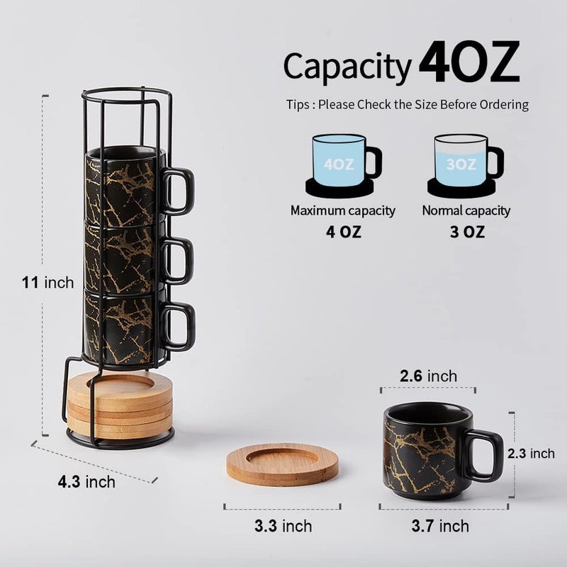 LUKA Porcelain Espresso Cup with Saucer and Metal Stand, 4 Ounce Stackable Ceramic Demitasse Espresso Mugs Cups Set for Latte,Coffee,Cafe Mocha,Tea(Set of 4) - Image 4